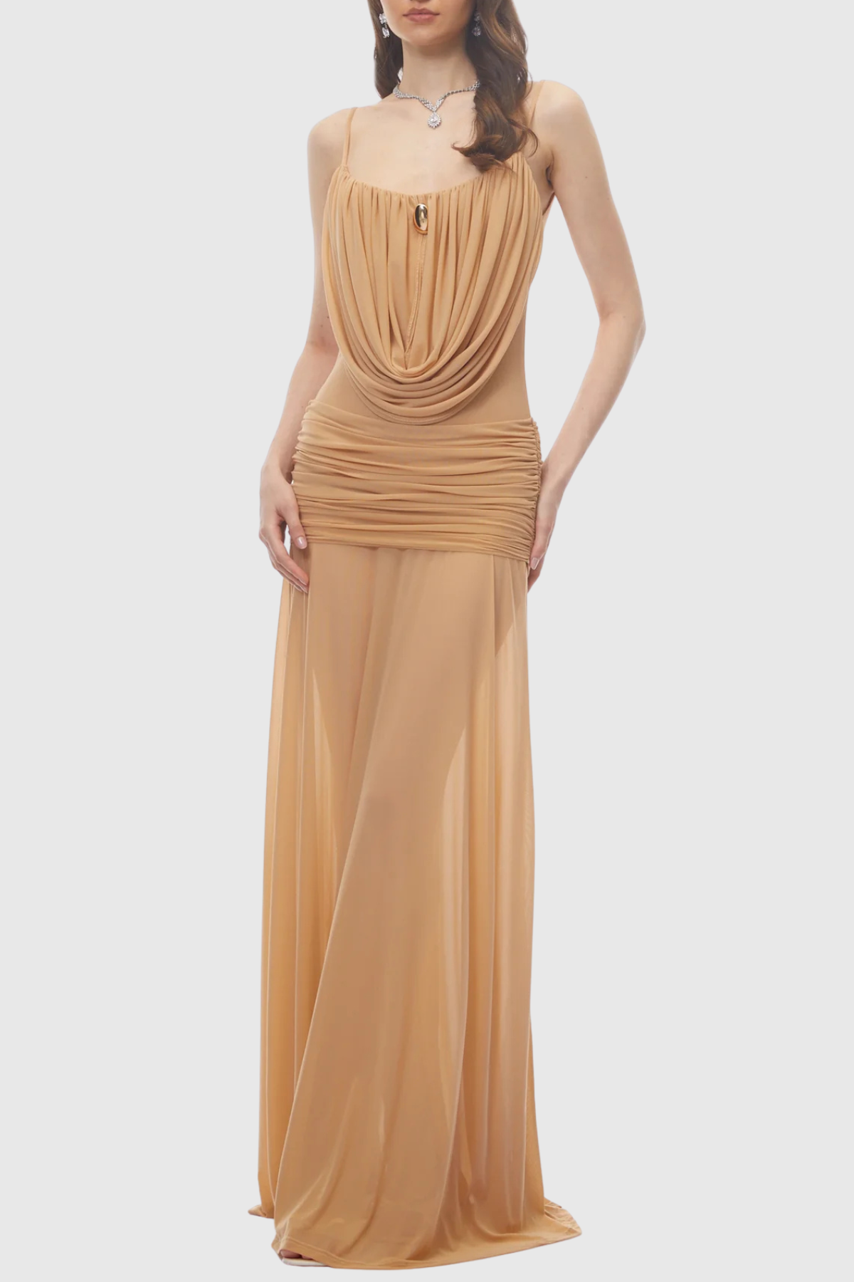 Neraos Draped Ruched Maxi Dress - Beige Avalabel