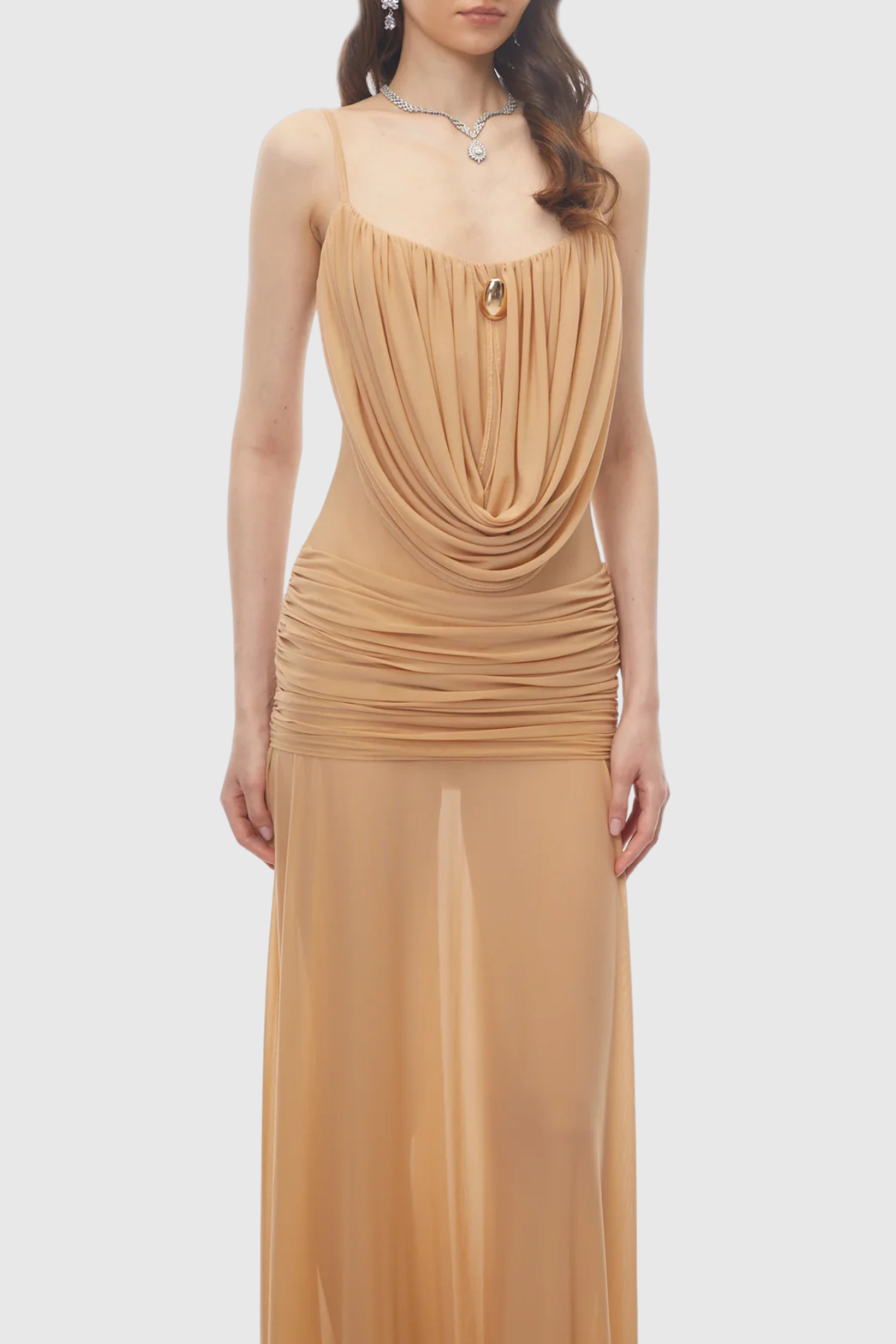 Neraos Draped Ruched Maxi Dress - Beige Avalabel