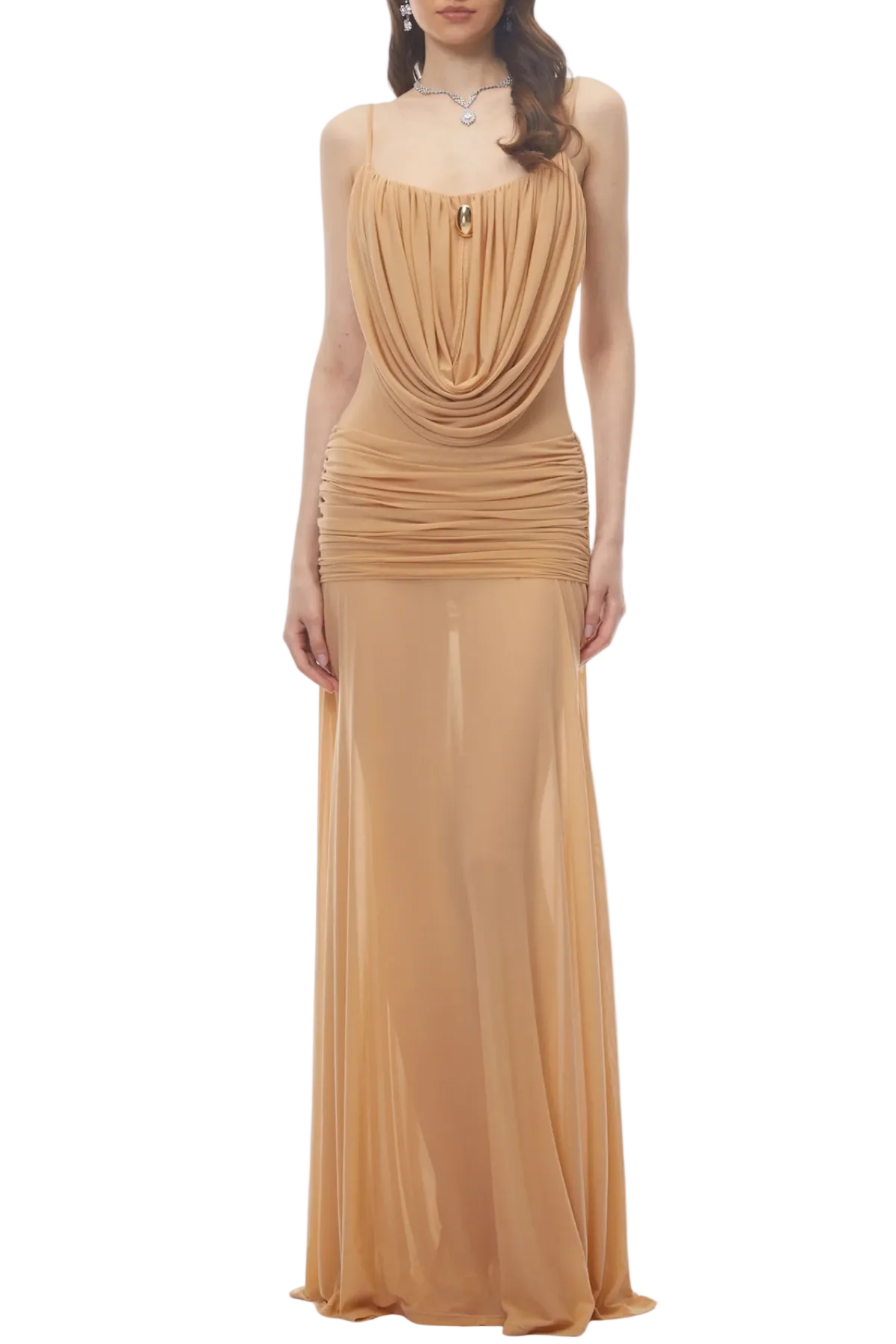 Neraos Draped Ruched Maxi Dress - Beige Avalabel