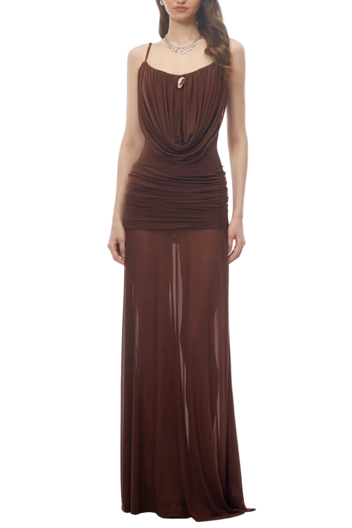Neraos Draped Ruched Maxi Dress - Brown Avalabel