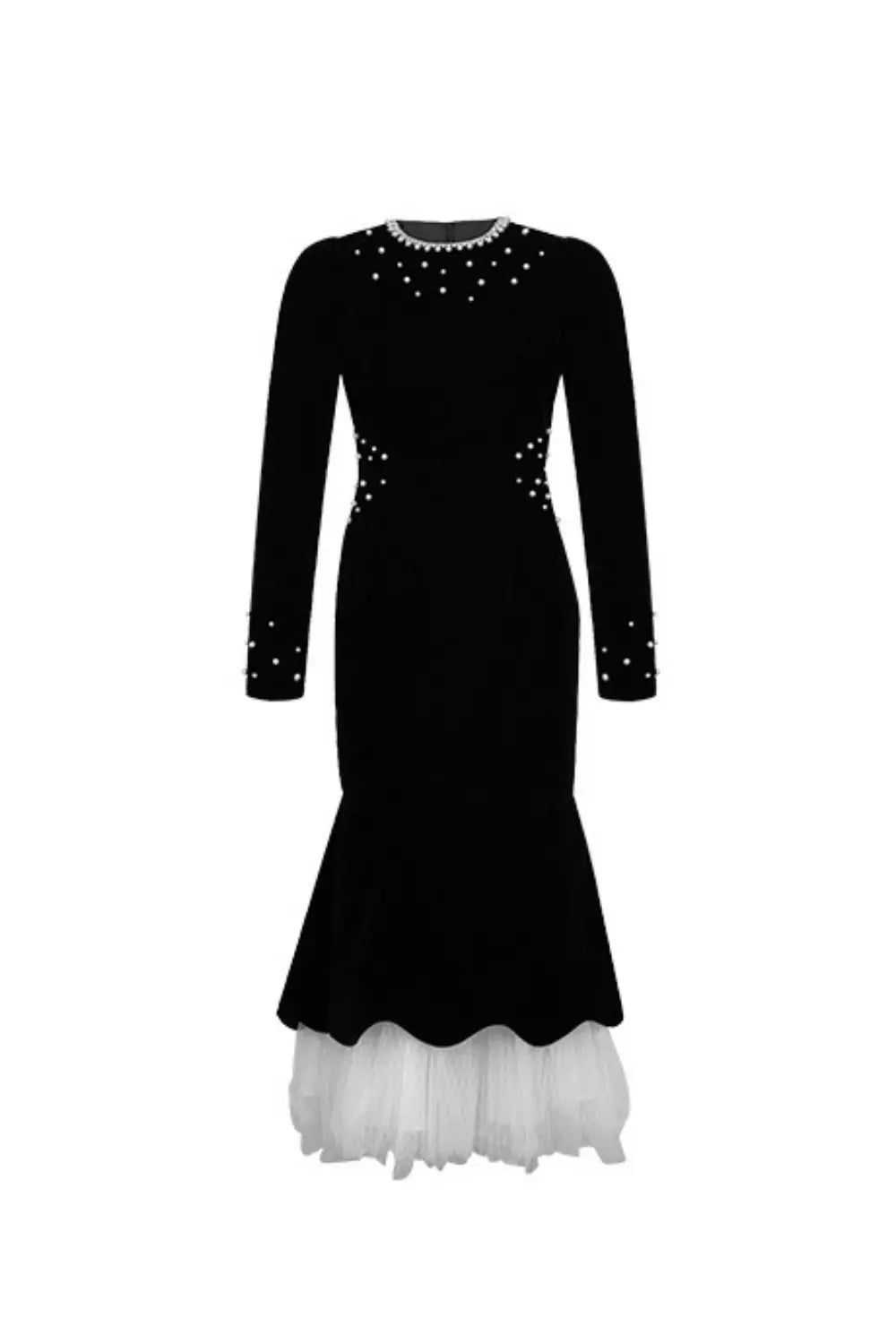 zona black Beaded irregular hem velvet fishtail maxi dress Avalabel