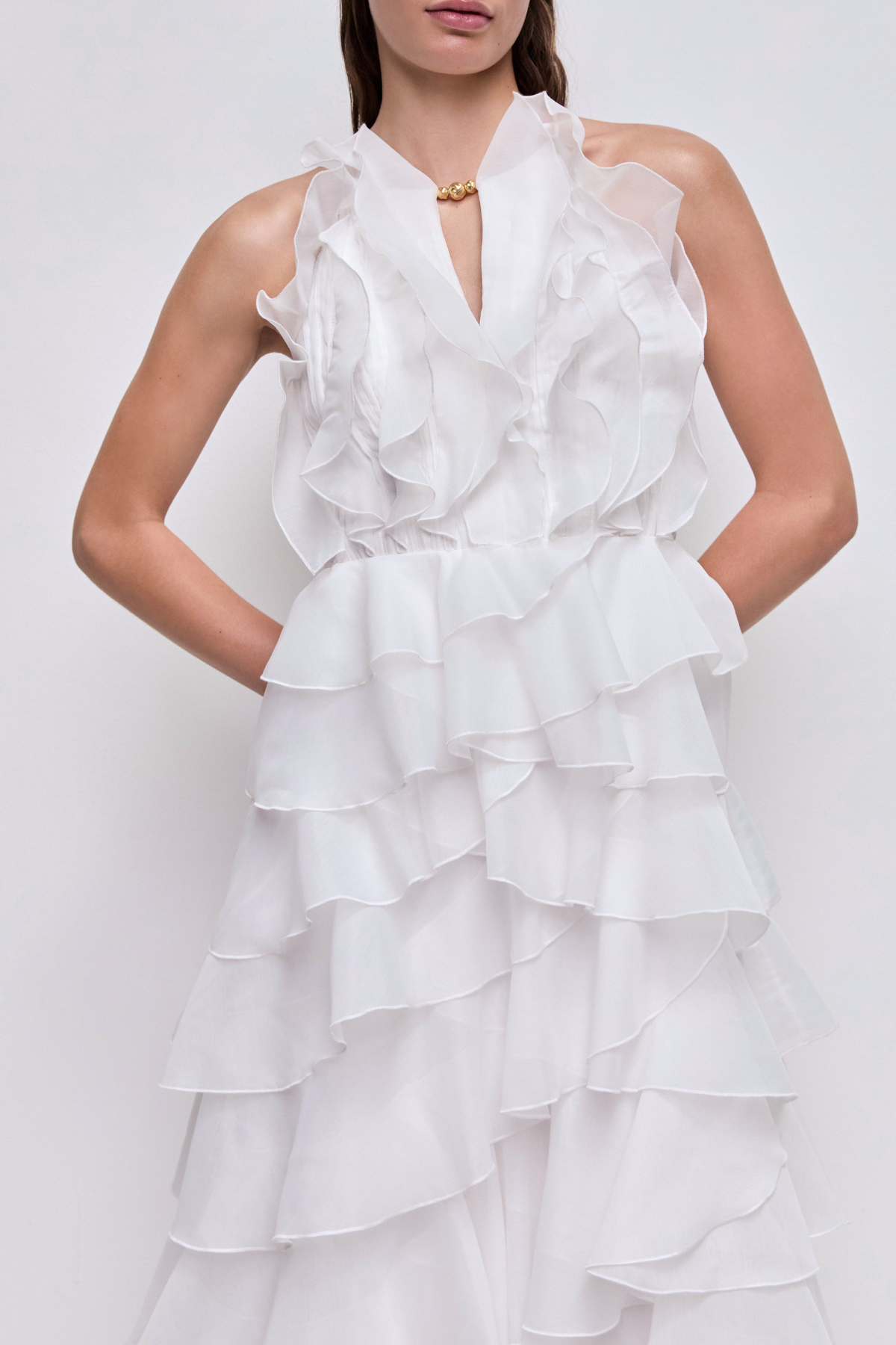 Nigella Halter Ruffle Maxi Dress - White Avalabel