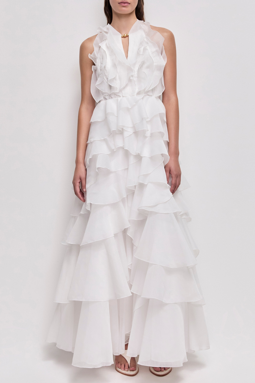 Nigella Halter Ruffle Maxi Dress - White Avalabel