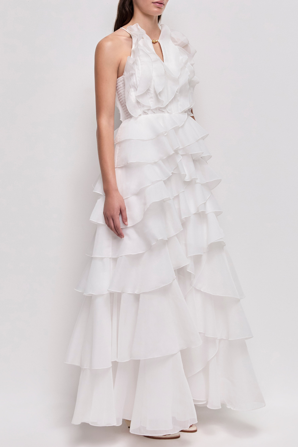 Nigella Halter Ruffle Maxi Dress - White Avalabel