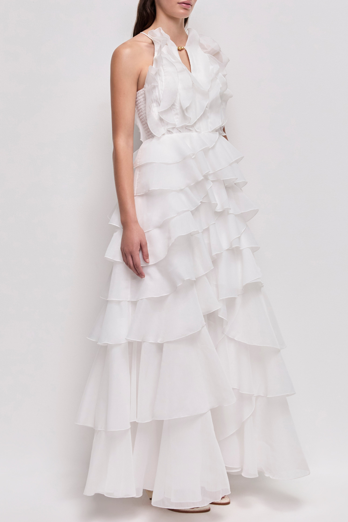 Nigella Halter Ruffle Maxi Dress - White Avalabel