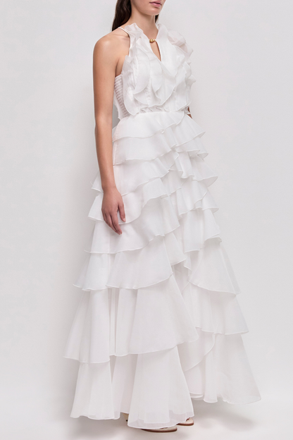 Nigella Halter Ruffle Maxi Dress - White Avalabel