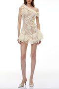 Niobe White Flared Lace Mini Dress with 3D Florals Avalabel