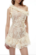 Niobe White Flared Lace Mini Dress with 3D Florals Avalabel