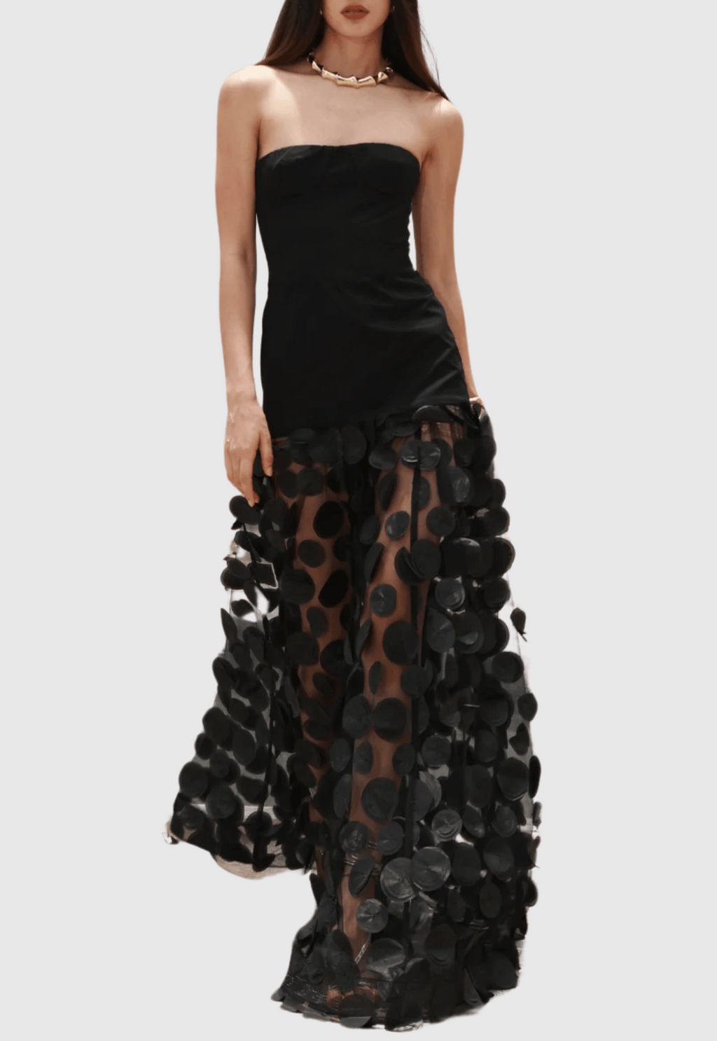 Nodin Strapless Dot Mesh Maxi Dress - Black Avalabel