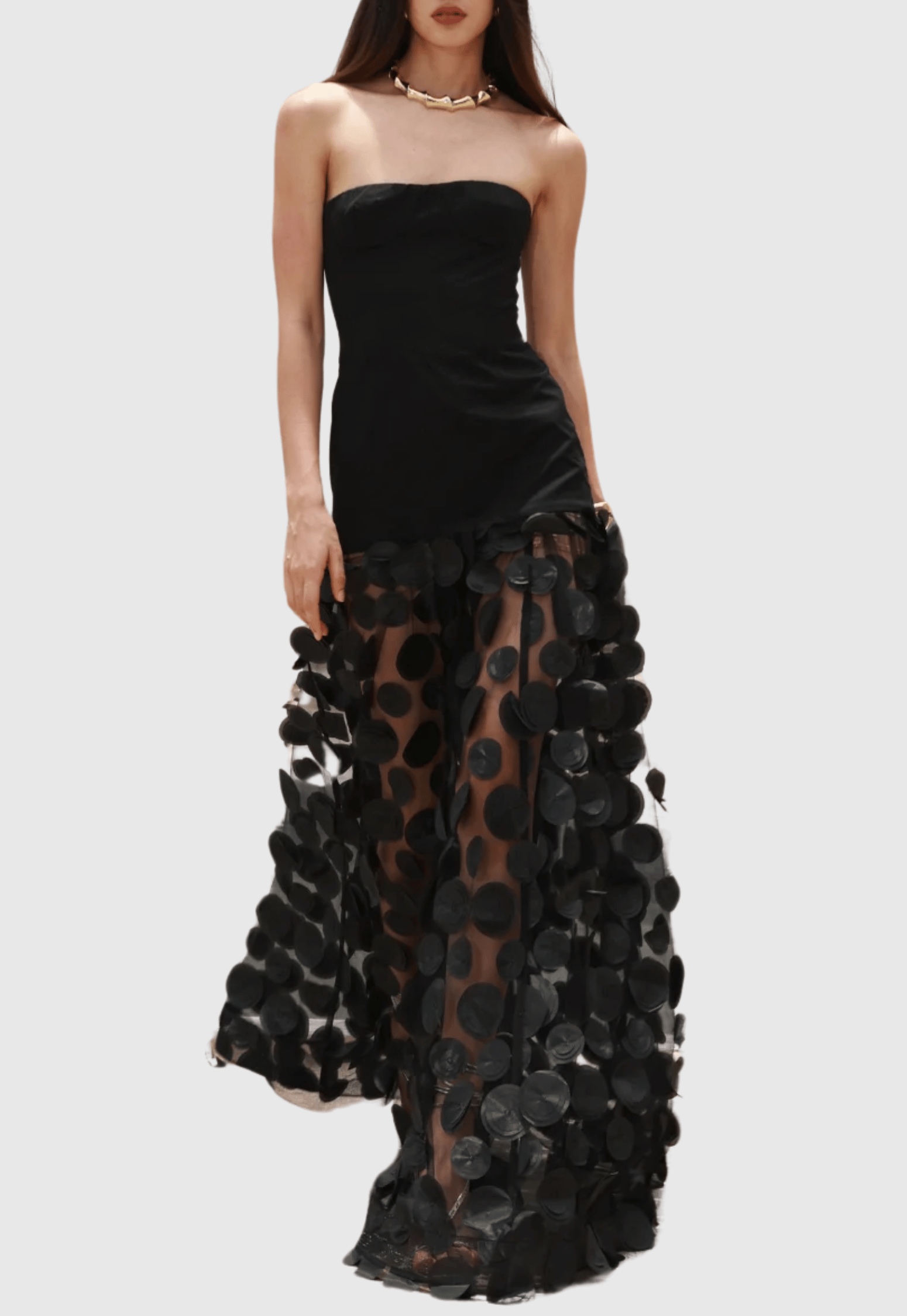 Nodin Strapless Dot Mesh Maxi Dress - Black Avalabel