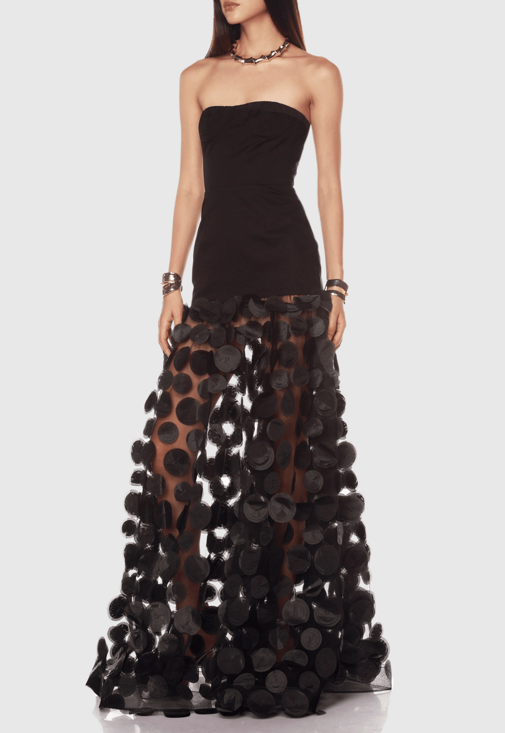 Nodin Strapless Dot Mesh Maxi Dress - Black Avalabel