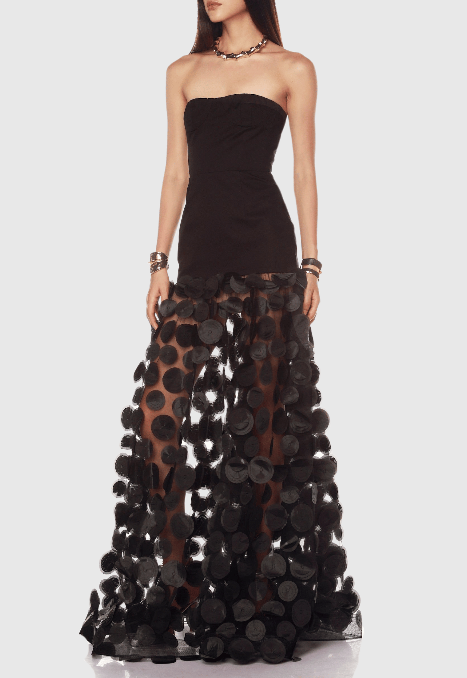 Nodin Strapless Dot Mesh Maxi Dress - Black Avalabel