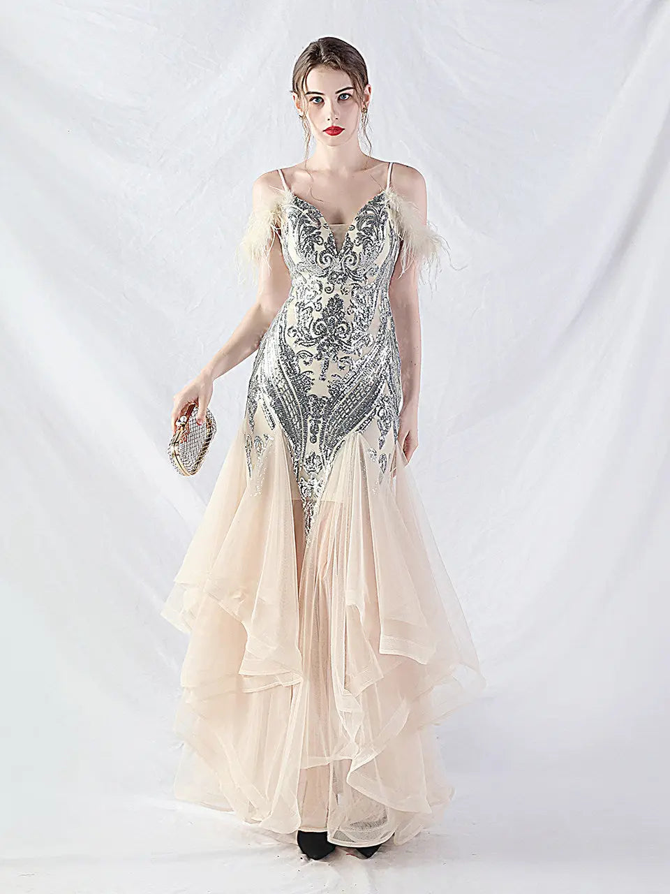 feather sequin strapless tulle maxi dress Avalabel