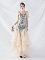 feather sequin strapless tulle maxi dress Avalabel