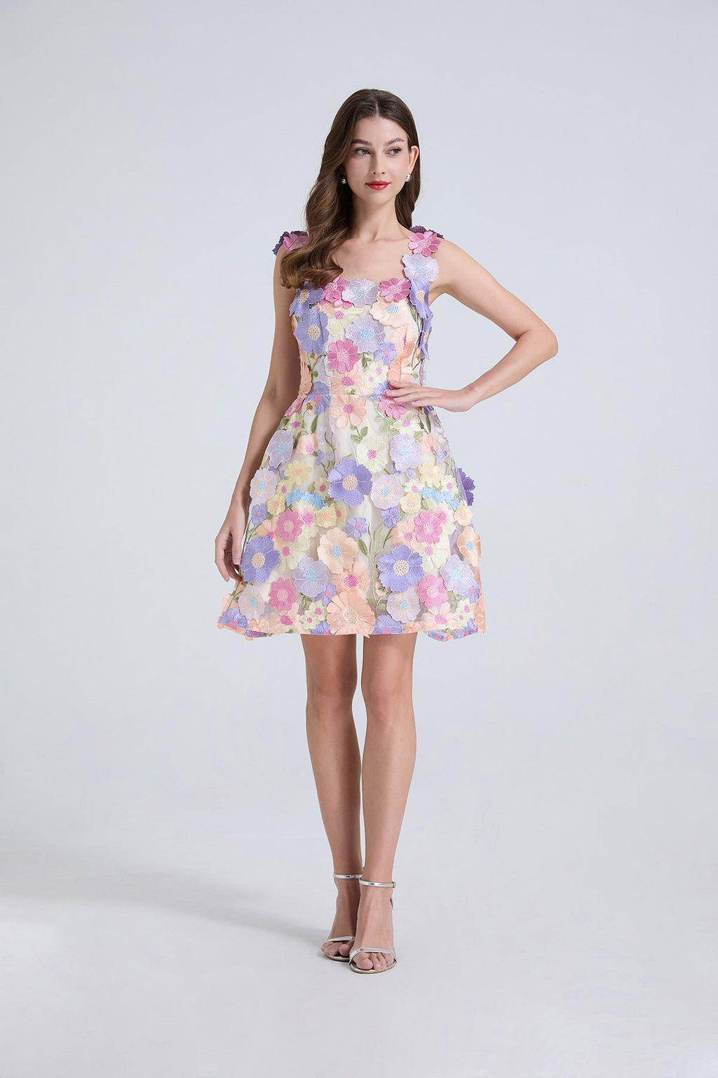Georgia 3d Floral Lace Mini Dress in Purple Avalabel