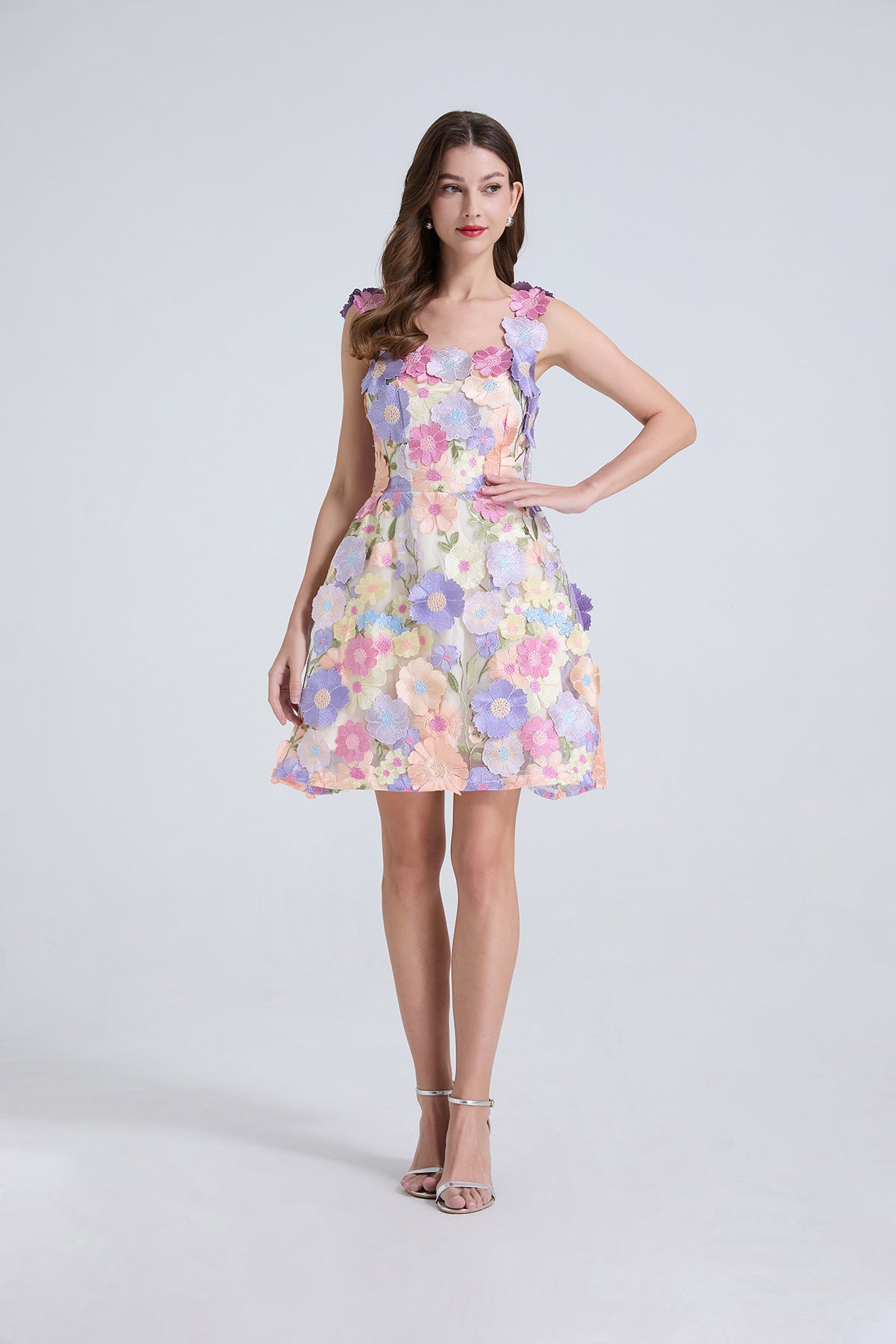 Georgia 3d Floral Lace Mini Dress in Purple Avalabel