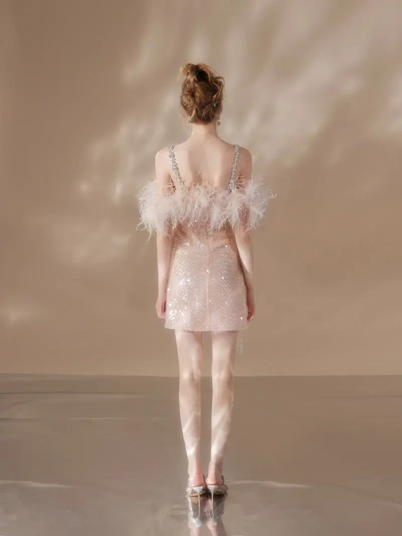 priscilla sequin feather crystal-strap mini dress in pink Avalabel