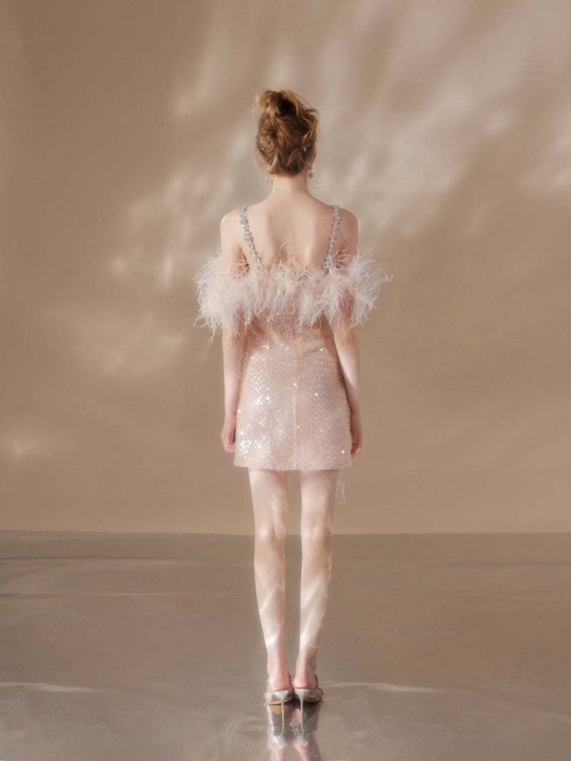priscilla sequin feather crystal-strap mini dress in pink