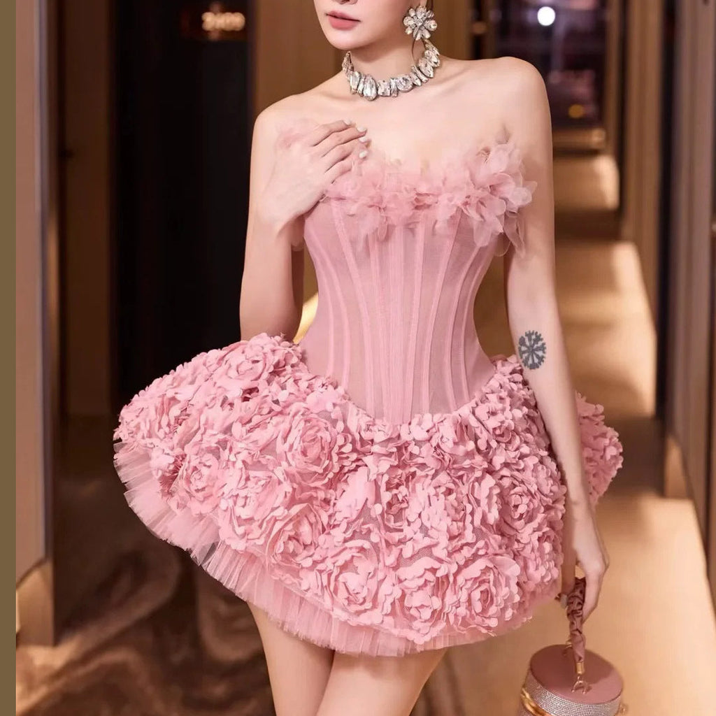 alberta 3d Flower Strapless Mini Dress in pink Avalabel