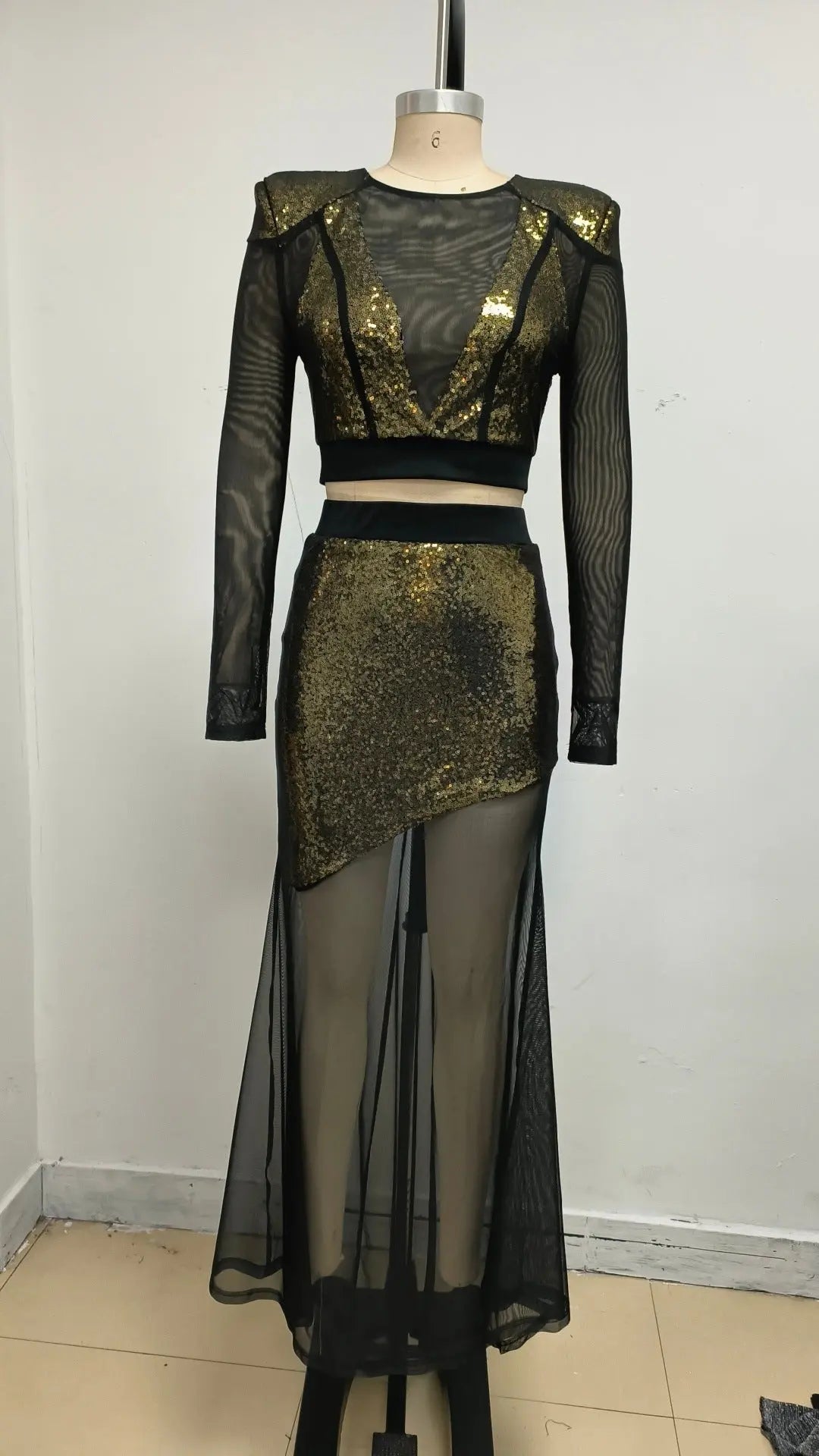 eudora Gold sequin mesh patchwork sheer two-piece set Avalabel