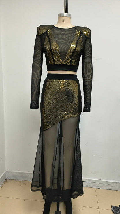 eudora Gold sequin mesh patchwork sheer two-piece set