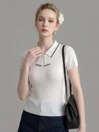 Striped Collar Bow Tie Ribbed Knit Short Sleeve Top poava