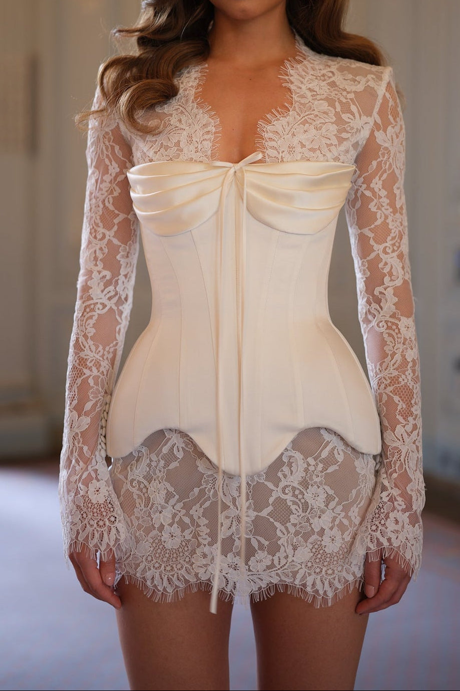 Ivory Lace & Satin Corset Mini Dress Avalabel