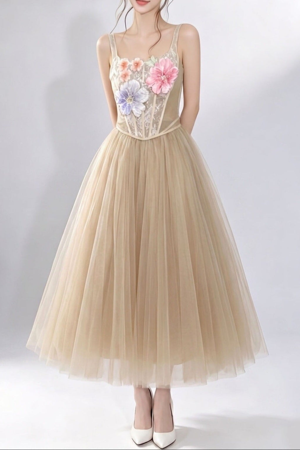 3D Floral Camisole Top & Tulle Skirt Set -  Champagne Avalabel