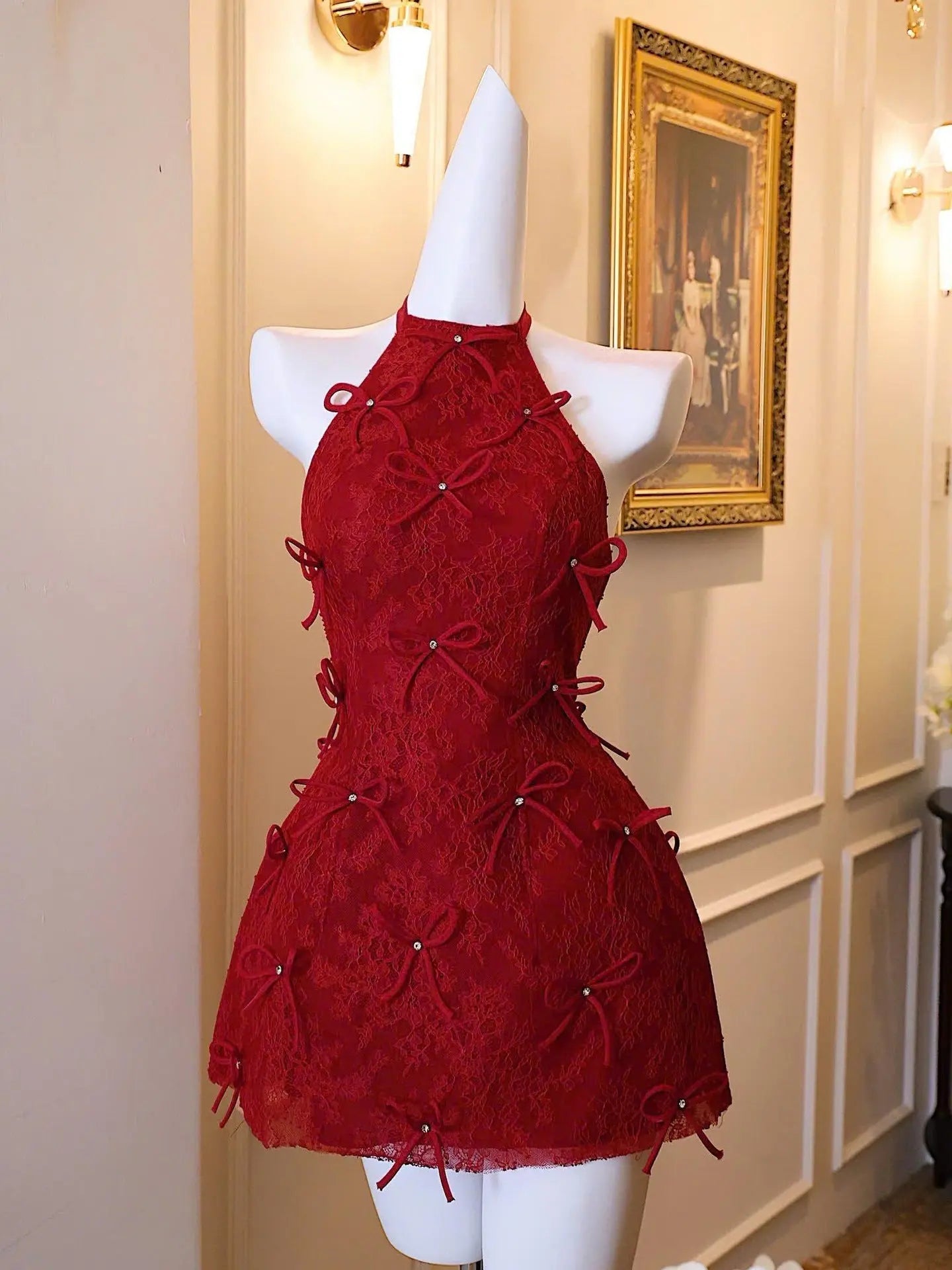 Pandora Lace Bow Backless Halter Mini Dress in Red Avalabel