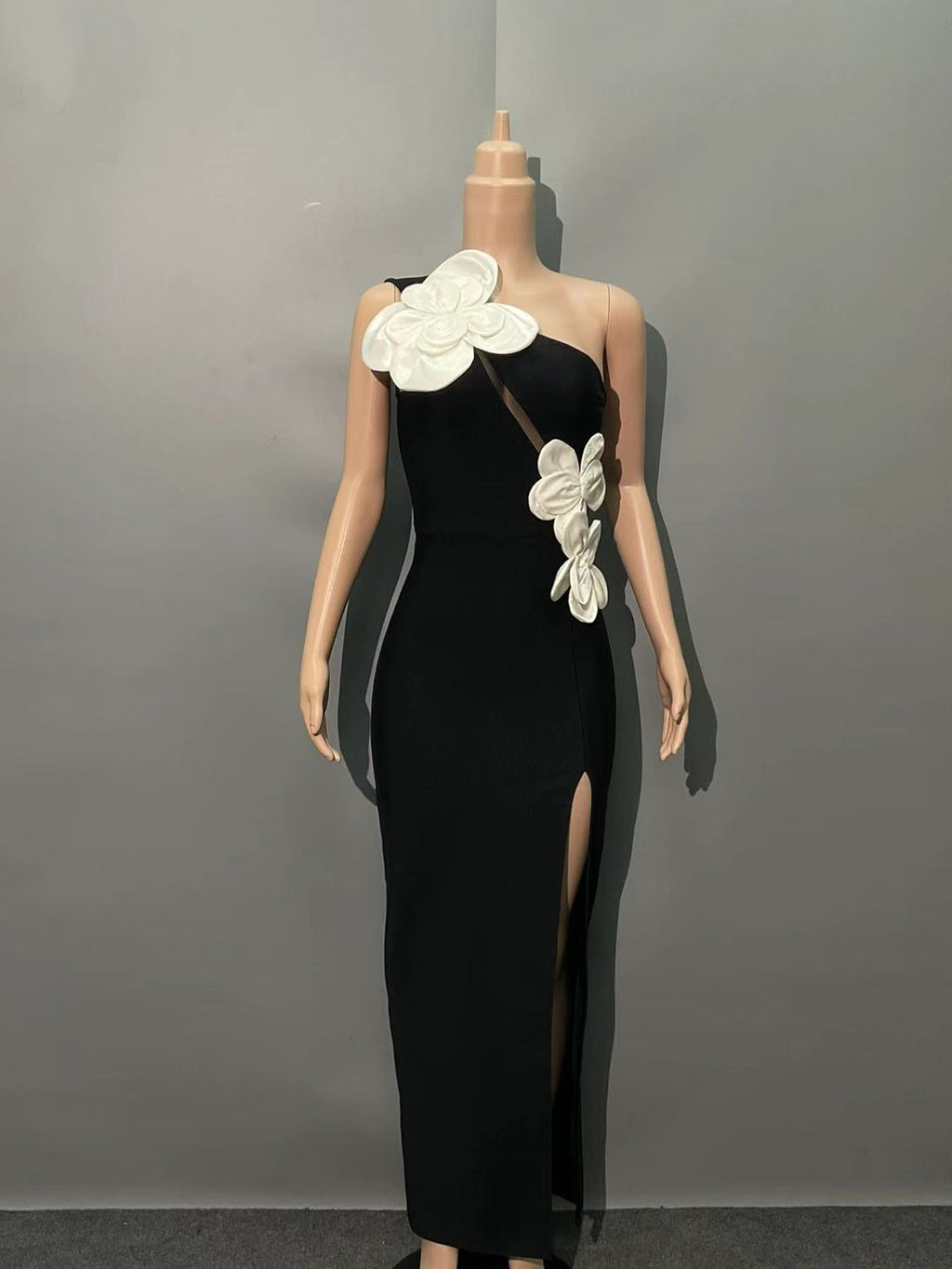 Black Heloise Flowers Slit One Shoulder Bandage Maxi Dress Avalabel