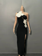 Black Heloise Flowers Slit One Shoulder Bandage Maxi Dress Avalabel