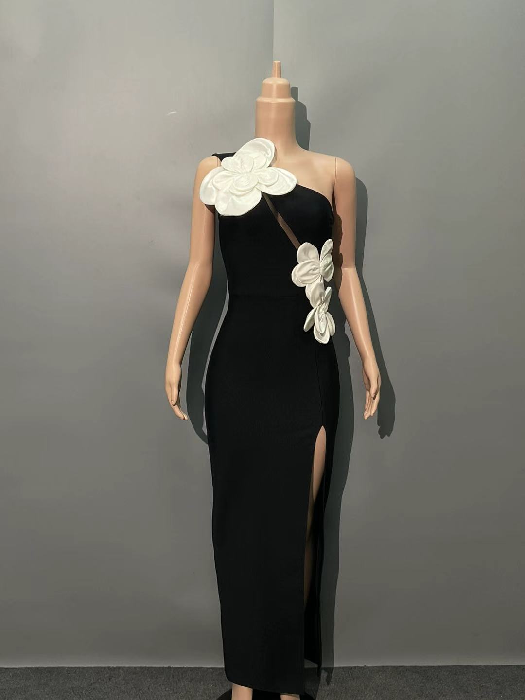 Black Heloise Flowers Slit One Shoulder Bandage Maxi Dress Avalabel