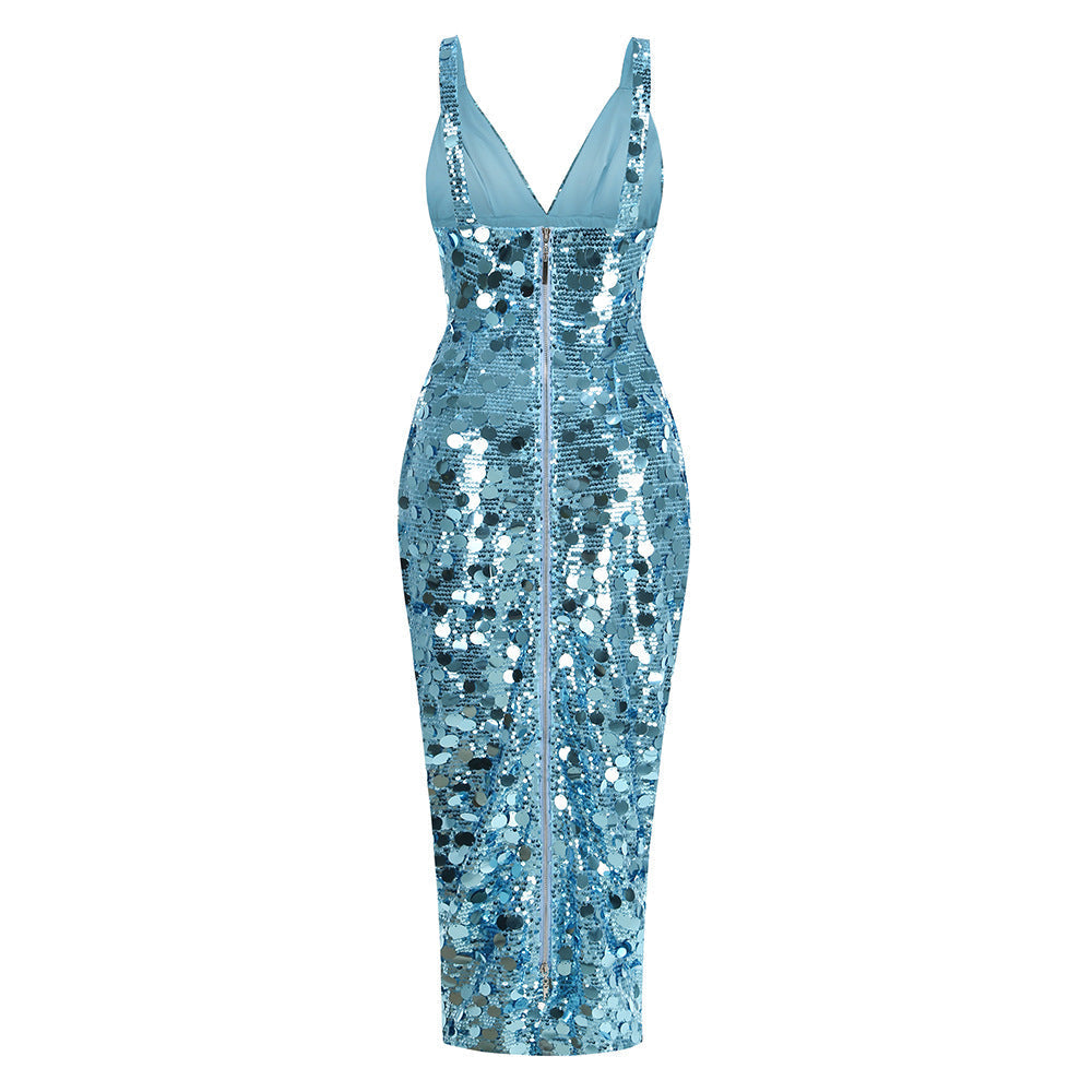 Carlin Sequin Deep V Strapless Maxi Dress in Blue Avalabel