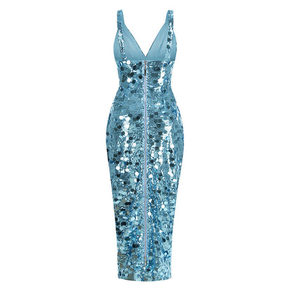 Carlin Sequin Deep V Strapless Maxi Dress in Blue