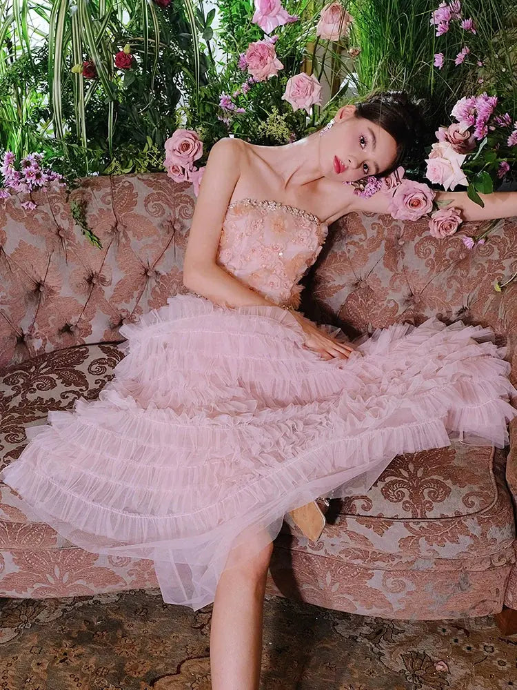 Pink Princess layer ruffle midi floral Embroidery strapless Dress Avalabel