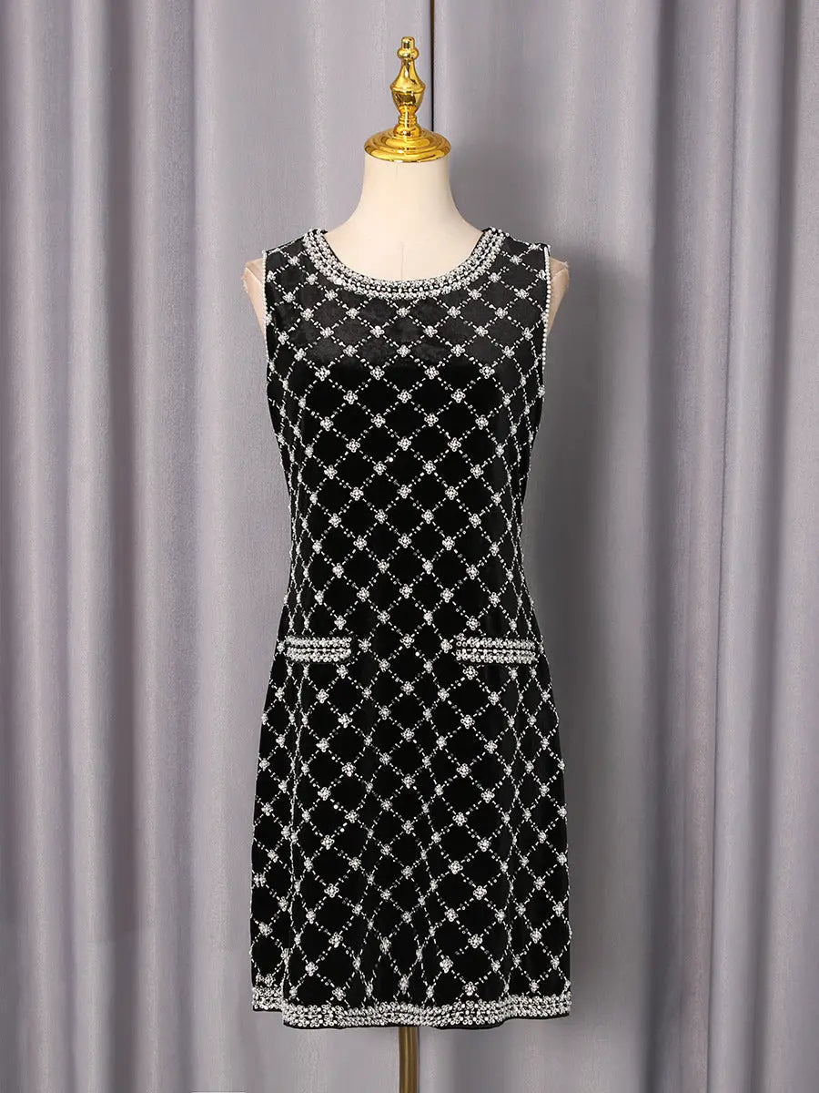 amanda Black-white plaid diamond sleeveless mini dress Avalabel
