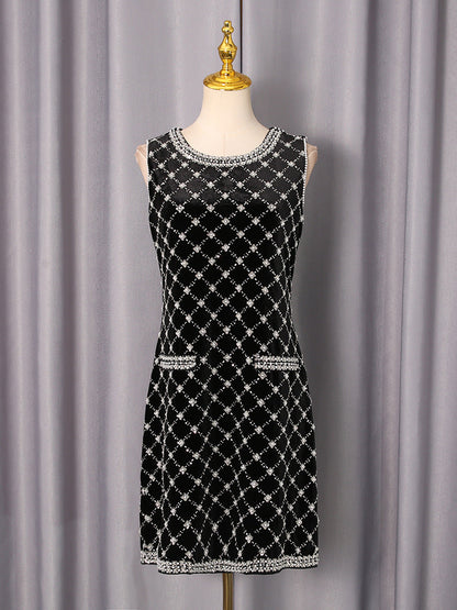 amanda Black-white plaid diamond sleeveless mini dress