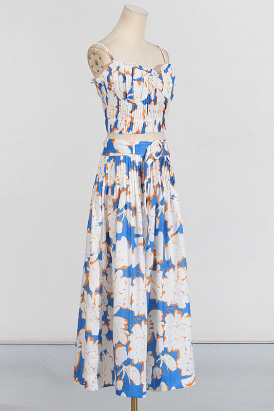 Pleated Floral-Print Linen Bustier Top Skirt Set in Blue Avalabel