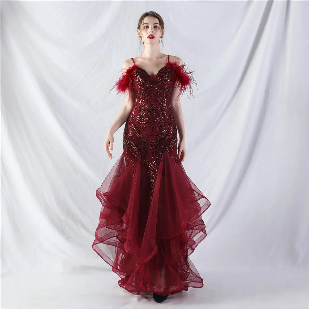 feather sequin strapless tulle maxi dress Avalabel