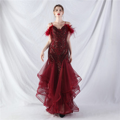 feather sequin strapless tulle maxi dress