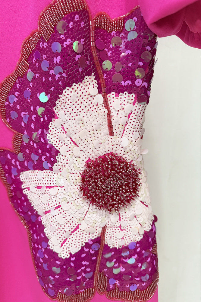 Sequin Flower Embellished Puff Sleeve Midi Dress in Pink Avalabel