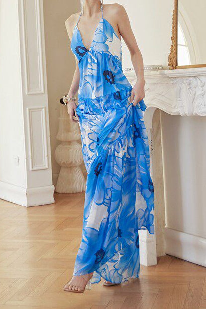 Blue & White Floral Print Halter Neck Tiered Maxi Dress Avalabel