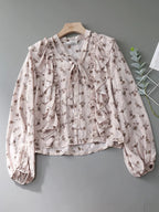 French light mature style versatile V-neck long sleeve shirt women's 2025 single-breasted ruffled lace-up print top