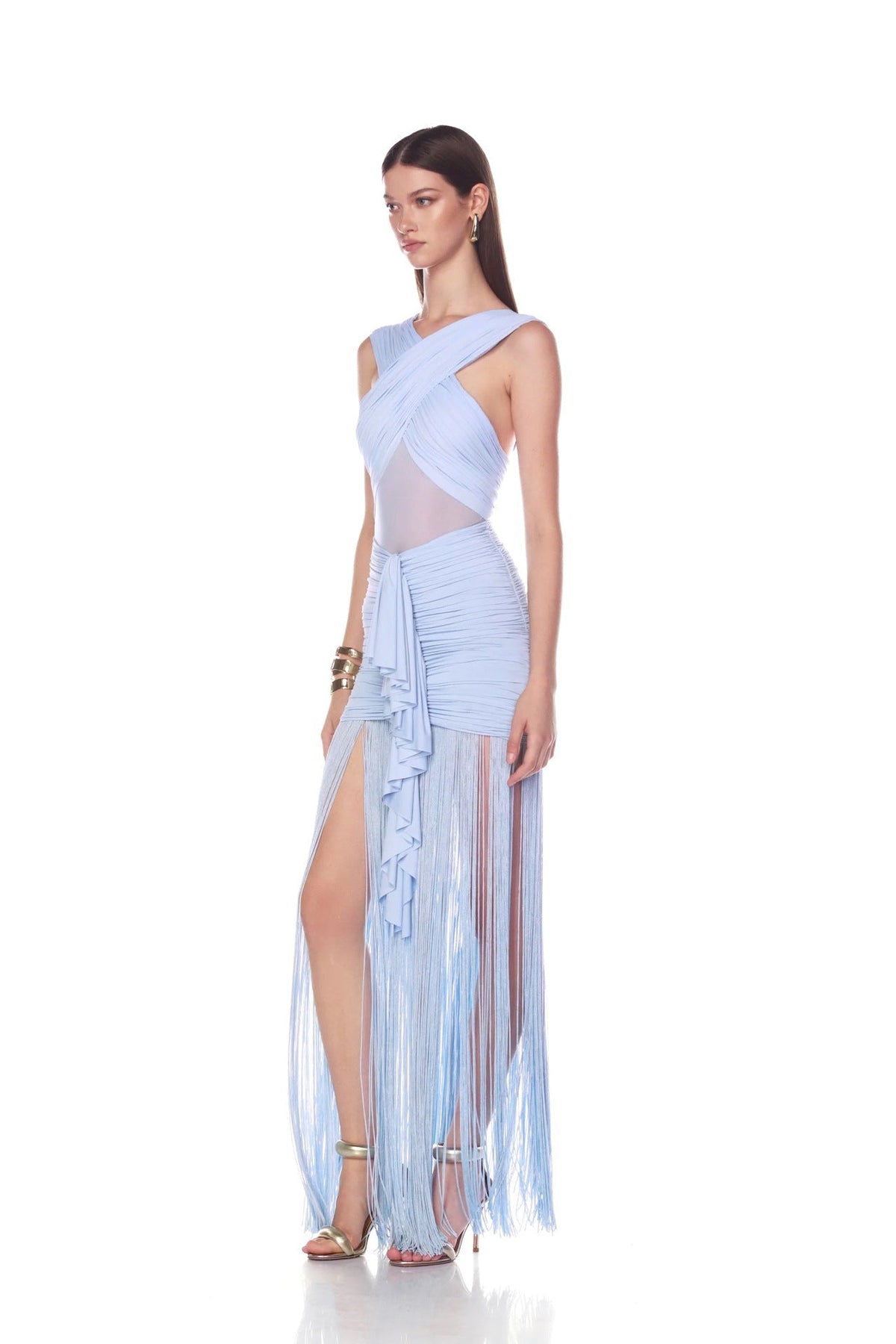 Fringe Mesh Ruched Maxi Dress Avalabel