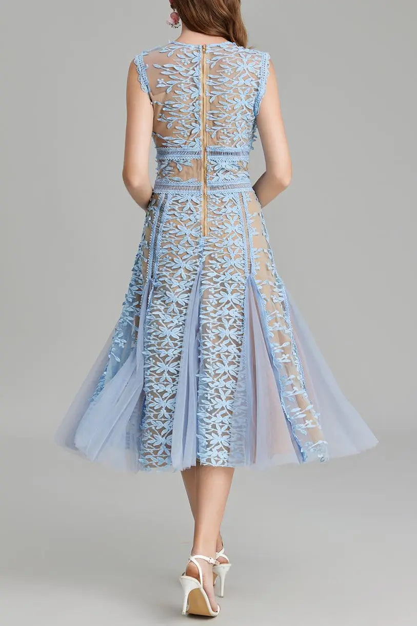 Phoenix 3D Embroidered Lace Mesh Midi Dress in Blue Avalabel