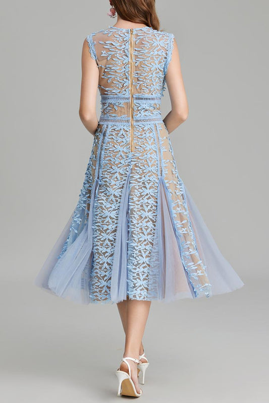 Phoenix 3D Embroidered Lace Mesh Midi Dress in Blue