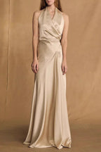 Kay Champagne Crepe Bias-Cut Satin Halter Maxi Dress Avalabel