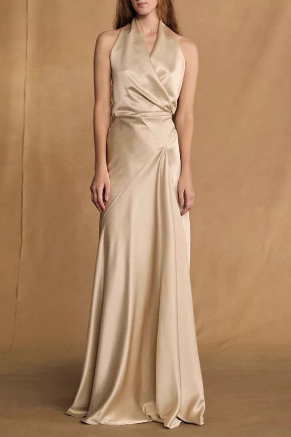 Kay Champagne Crepe Bias-Cut Satin Halter Maxi Dress Avalabel