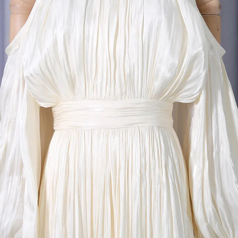 ashley apricot off shoulder pleated puff sleeve maxi dress Avalabel
