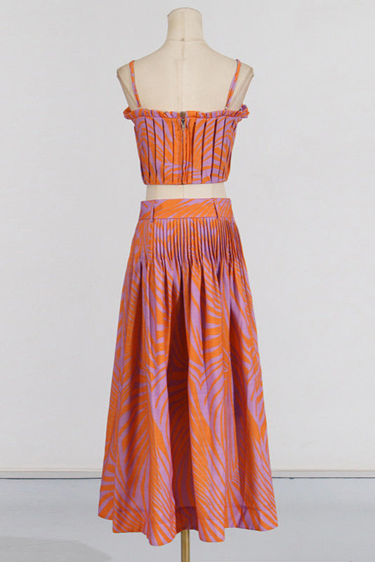 Pleated Floral-Print Linen Bustier Top Skirt Set in Blue Avalabel